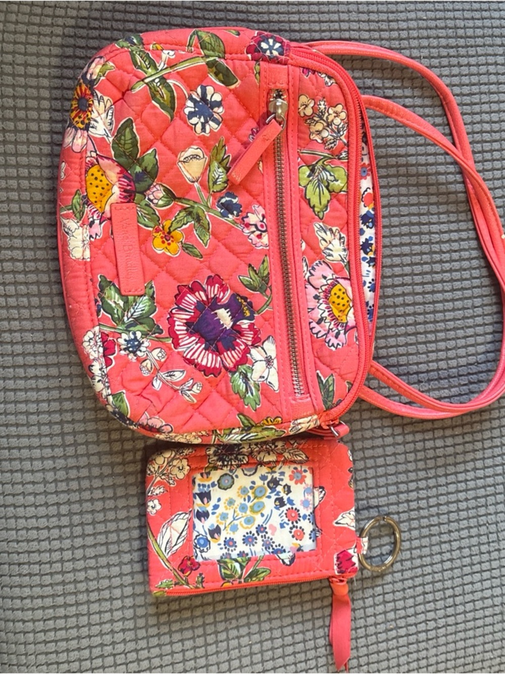 Vera Bradley Coral Floral Quilted Crossbody with Matching ID Wallet